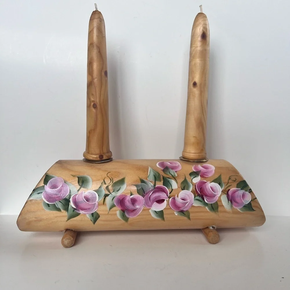 Vintage Wood Tapered Candle Holder Natural Hand Painted Carved Roses 90s Y2K